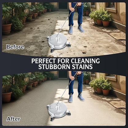 RAYNEL 14'' Pressure Washer Surface Cleaner with 4 Wheels, Stainless Steel Housing, 1/4" Quick Plug, 2 Extended Wands, 2 Replacement Nozzles