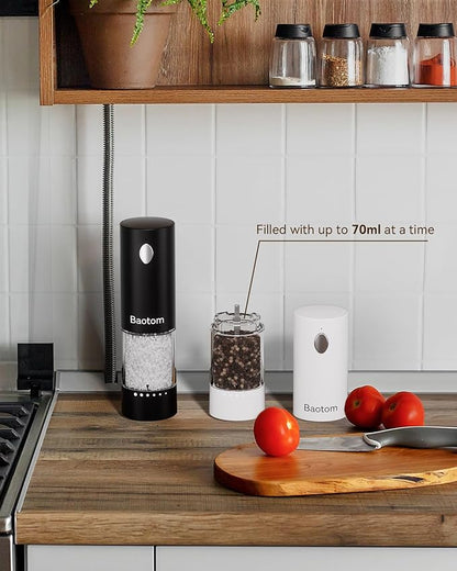Electric Salt and Pepper Grinder Set with Dual Charging Base, 6 Adjustable Coarseness Levels & External Grind Settings, One-handed Operation Salt and Pepper Mills with LED Light,Black & White
