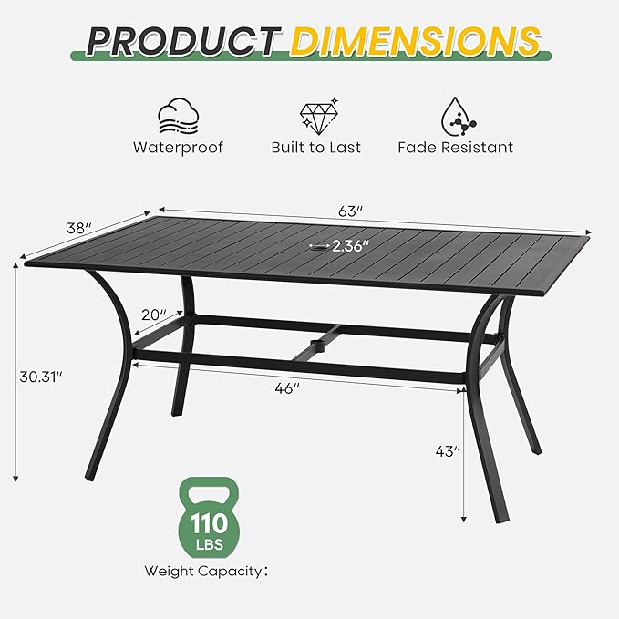 LVUYOYO Outdoor Patio Dining Table, Metal Rectangular Table with Umbrella Hole, All-Weather Furniture for Backyard, Garden,Balcony,Porch (Black)