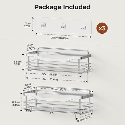 Orimade Shower Caddy Basket Shelf with 5 Hooks Adhesive Organizer Storage Rack Rustproof Wall Mounted Stainless Steel No Drilling for Bathroom, Toilet, Kitchen - 2 Pack