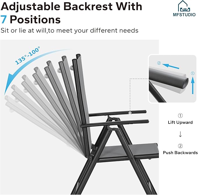 MFSTUDIO Patio Folding Chairs Set of 8, Outdoor Patio Dining Chairs, Portable Grey Sling Patio Chairs, 7 Levels Adjustable Sling Back Chairs for Backyard Lawn Garden