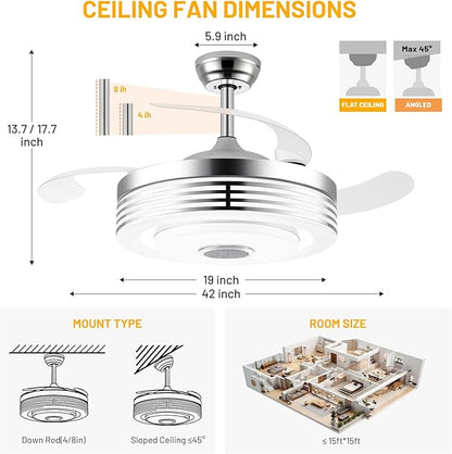 42" Modern RGB Ceiling Fan with Lights and Bluetooth Music Speaker,Color Change Motor Retractable Fandelier Ceiling Fan with Light and APP/Remote,6 Speed Silent Chandelier Fan for Bedroom Living Room
