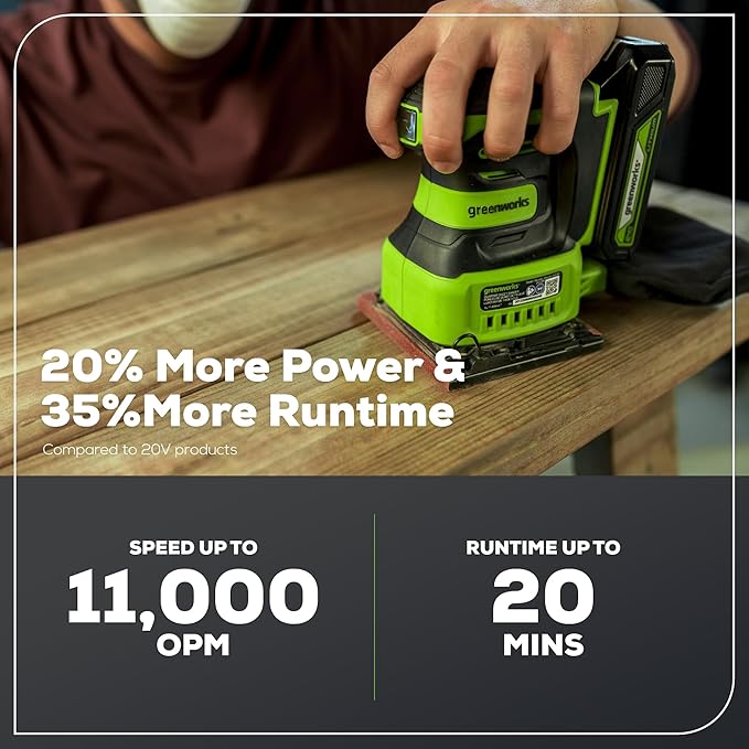 Greenworks 24V Cordless 1/4 Quarter Sheet Sander Tool Only, 11,000 OPM Sander with Dust Collection Bag and Sandpaper