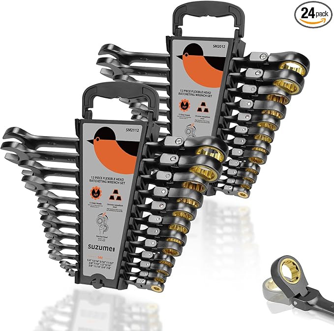 SUZUME 24-Piece Metric and SAE Flex Head Ratcheting Wrench Set 72 Teeth Cr-V Steel Ratcheting Wrench Set with 180° Flex Head Ratchet Wrenches Set For Auto,Machine Repair