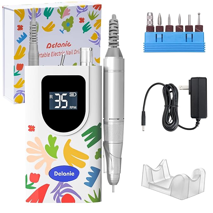Delanie Professional Nail Drill High Torque 35000 RPM Rechargeable Portable Electric Nail File Filer for Acrylic Gel with Cuticle Bits, Salon Manicure Tool, Matisse White