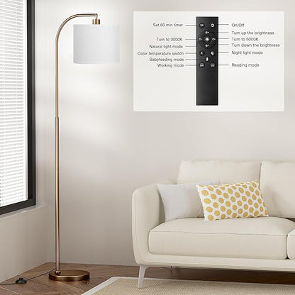 Ambimall Arc Floor Lamp with Remote and Stepless Dimmable Bulb, Colors Temperature & Brightness Adjustable, Floor Lamps for Living Room（White Shade & Brown Pole）