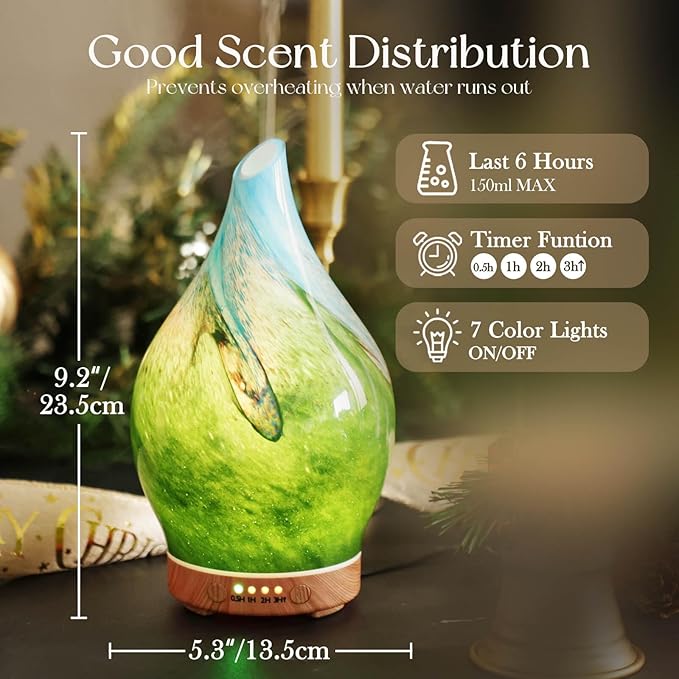 Porseme 150ml Essential Oil Diffuser Glass Color Changing Aroma Air Diffusers Aromatherapy Ultrasonic Cool Mist Humidifier 6 Running Hours Waterless Auto-Off for Sleeping Yoga Office Spa (Blue Grass)