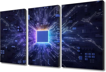 3 Panel Technology Science Artwork Canvas Wall Art Motherboard Digital Chip Posters and Prints Boys Bedroom CPU Concept Bathroom Decor Wall Art Print on Canvas Framed Ready to Hang (36"Wx24"H)