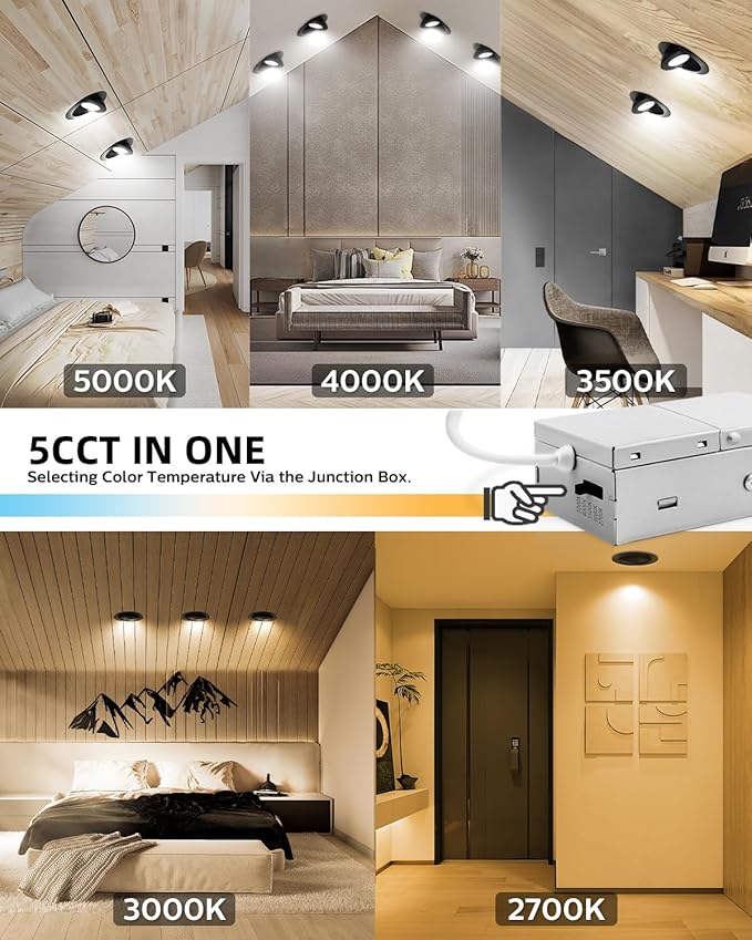 Adetu 4 inch 5CCT Gimbal Black Led Recessed Lights, 360°+90° Adjustable Directional Recessed Lighting, 2700K-5000K Dimmable Retrofit Eyeball Can Lights with Jbox, ETL&Energy Star(Black,1 Pack)