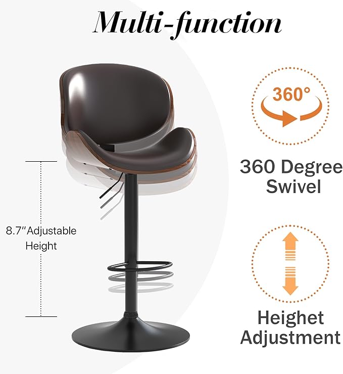 Adjustable Swivel Bar Stools Set of 3, Modern Bentwood Barstool with Large Metal Base and Footrest, PU Leather Upholstered Bar Chair with Curved Back for Kitchen Island Dining Room, Brown