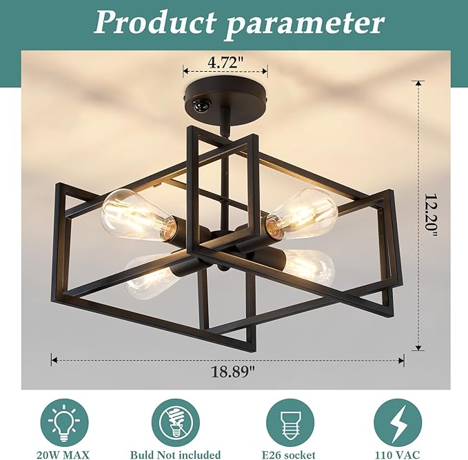 ZGLAOJT Motion Sensor Ceiling Light Fixture 4-Lights Semi Flush Mount Ceiling Light Black Industrial Indoor Chandelier for Kitchen Living Room Bedroom Farmhouse Hallway Foyer