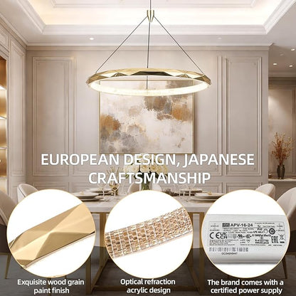 HEYAN Modern Gold Ring Chandelier, 24-Inch Faceted Geometric LED Pendant Light, Dimmable 3-Color Changeable Island Lighting, 36W Luxury Acrylic Crystal-Effect Ceiling Fixture for Dining Room & Kitchen