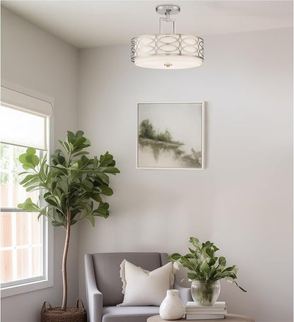 Kira Home Sienna 15" 3Modern Lattice Drum Semi-Flush Mount, 3-Light Silver Ceiling Light with White Linen Shade & Glass Diffuser, Brushed Nickel Finish