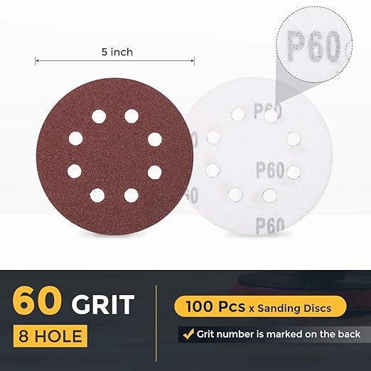 HARFINGTON 100 Pcs 5 Inch Sanding Discs, 60 Grit Hook and Loop Sandpaper, 8-Hole Aluminum Oxide Orbital Sander Sandpaper for Woodworking Automotive Metal Polishing, Red