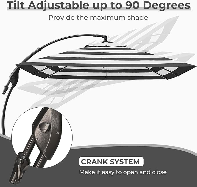 Grand patio 10x10 FT Patio Cantilever Umbrella with Base Outdoor Large Square Tilting Offset Umbrellas for Pool Deck (Black & White, 10x10 FT)