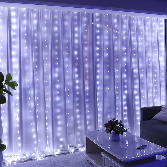 HXWEIYE 300LED Fairy Curtain Lights, 9.8x9.8Ft USB Plug-in 8 Modes Christmas String Hanging Lights with Remote for Bedroom Backdrop Wedding Indoor Wall Decor, White, Tangle-Free – 1 Pack