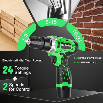 12V Green Cordless Drill Kit, Home DIY, 2 Batteries & Fast Charger, Compact, 2-Speed, 3/8" Keyless Chuck, 24+1 Torque, LED Light for Wood and Metal