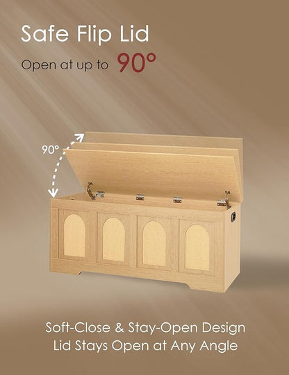 DINZI LVJ Storage Chest, 47.2" Rattan-Like Toy Box with 2 Safety Hinges, Wooden Entryway Storage Bench with Flip-Top, Large Trunk for Living Room, Bedroom, Easy Assembly, Natural