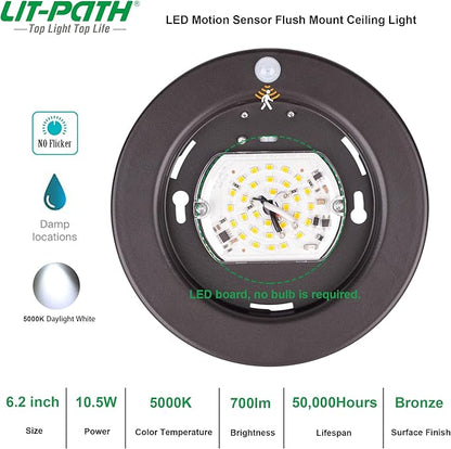 LIT-PaTH LED Flush Mount Ceiling Light, Closet Lighting Fixture with Motion Sensor, 10.5W, 700 Lumen, 6.2 Inch, Anti-Rust Galvanized Housing, Bronze Finish 5000K 4-Pack
