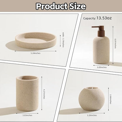 Bathroom Accessories Set, 5 PCS Sandstone Look Stripe Modern Bath Organizer with Soap Dispenser, Toothbrush Holder, Tumbler, Soap Dish, Candle Holder for Countertop Kitchen Sink (Beige)