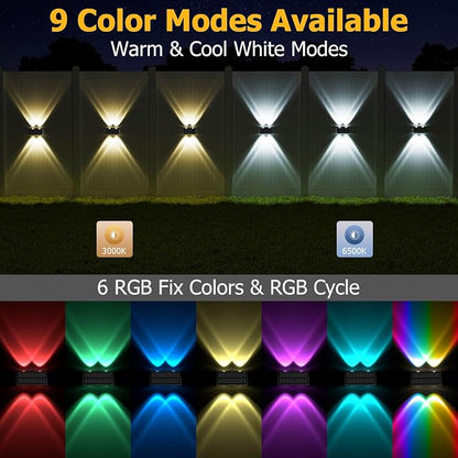 Solar Fence Lights Outdoor, Warm & Cool White RGB Dusk to Dawn Waterproof LED Wall Mount Sconce Light Up & Down Deck Lights Solar Powered for Outside Garden Patio Backyard Garage(4 Pack)
