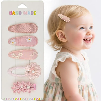 5Pcs Baby Hair Clips for Girls Toddler, 4 Snap Clips + 1 Fully Wrapped Alligator Clip, Soft Gradient Pink Floral Set with Handmade Embroidery & Faux Pearl, Non-Slip Safe Hair Barrettes for Infants