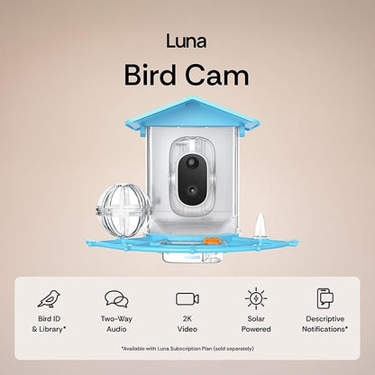 Luna Smart Bird Feeder with Camera, Enhanced AI Birds Species Identification, 2K HD Video, Instant Arrival Alerts, Solar Powered, Weatherproof Design for Birdwatching, Ideal Gift for Bird Lovers
