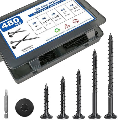 480Pcs Deck Screws, #8 Wood Screws Assortment Kit, 5Sizes Assorted Screw Set, Rust Resistant Torx Screws with Flat Head, Black Screw Kit for Woodworking Projects, Star Bit Included