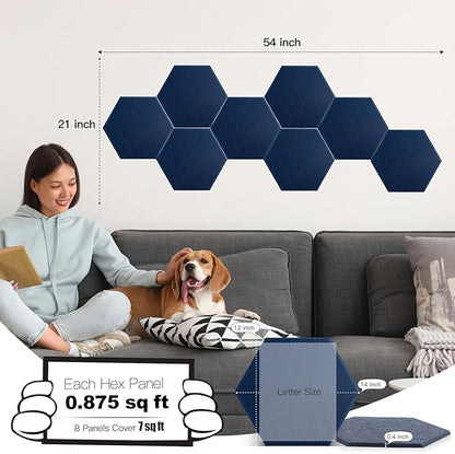 Mollywell Hexagon Acoustic Panels 14x12 - Reduce Echo & Reverb, Noise Blocking Wall Tiles for Home Office & Study, Deep Blue Sound Absorbing Panels