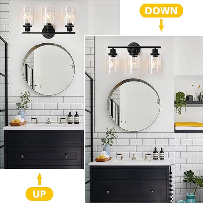 Unicozin Modern Bathroom Light Fixtures, 3 Light Vanity Lights, Black Wall Lamp with Clear Glass for Bathroom, Mirror, Living Room, Bedroom, Hallway, E26 Base