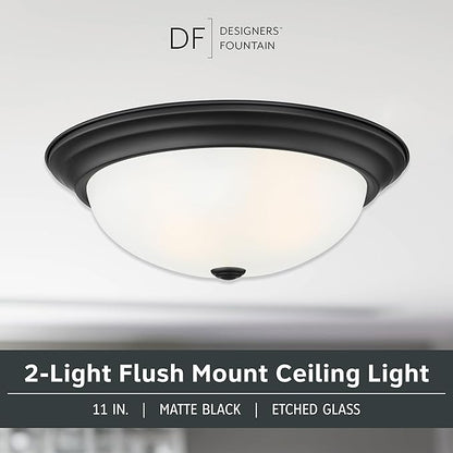 DESIGNERS FOUNTAIN Reedley 2-Lights Flush Mount Ceiling Light, 11 Inch Lighting Fixture for Kitchen, Bedroom, Bathroom, and Hallway, Matte Black with Etched Glass, 1257S-MB-W