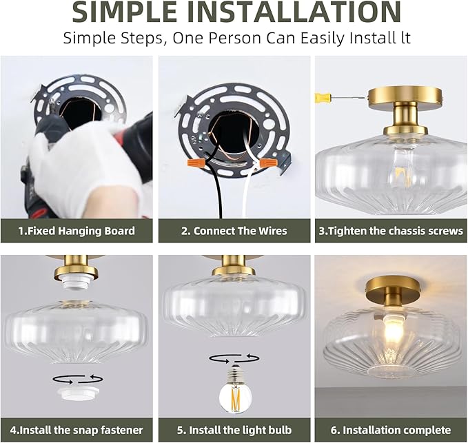 Semi Flush Mount Ceiling Light, 11.8 Inch Vintage Clear Crystal Glass Ceiling Light Fixture,Dining Room Lighting Fixtures for Kitchen, Hallway, Foyer, Bedroom, Bathroom, E26 Base (Bulb Not Included)