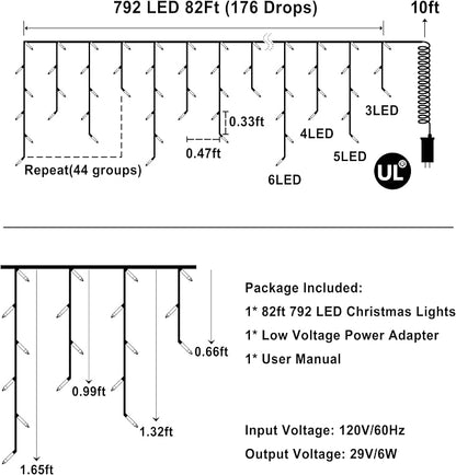 QUHUATU 792 LED Christmas Outdoor Lights with 176 Drops, 82ft Hanging Curtain Lights 8 Modes, Christmas Fairy Lighs with Timer & Memory for House Roof Holiday Wedding ChristmasDecor (Multicolor)