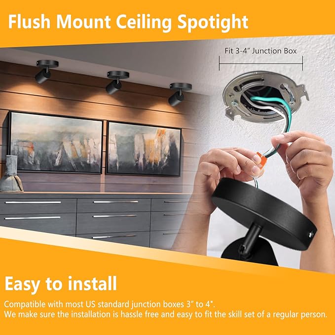 VANoopee Flush Mount LED Ceiling Spotlight Dimmable Adjustable Spotlight Directional Spot Lights Indoor Bright Can Accent Fixture for Living Room Bedroom - CRI90 Flicker Free 10W 800lm 3000K Black