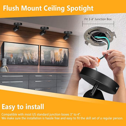 VANoopee Flush Mount LED Ceiling Spotlight Dimmable Adjustable Spotlight Directional Spot Lights Indoor Bright Can Accent Fixture for Living Room Bedroom - CRI90 Flicker Free 10W 800lm 3000K Black
