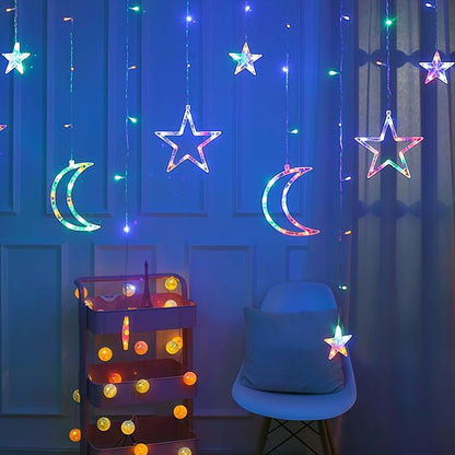 Moon and Stars Decor Curtain Lights, 11.5ft String Lights for Bedroom, Christmas, Ramadan Decor, Indoor LED Fairy Twinkle Light, Battery Operated or USB Plug-in (Multicolor + Remote)