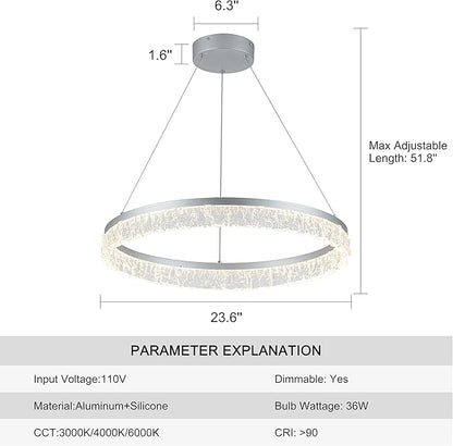 MADEM Modern Silver Led Pendant Light,36W Dimmable LED Chandelier Lighting Fixture, 1 Ring Circular Hanging Led Pendant Lighting for Living Room Dining Room Kitchen Island Foyer Office