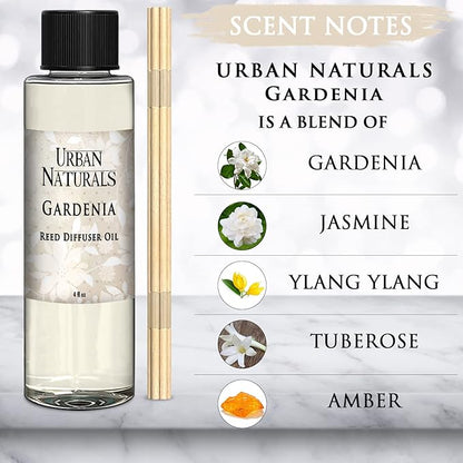 Urban Naturals Gardenia Scented Oil Reed Diffuser Refill | Includes a Free Set of Reed Sticks! Jasmine, Ylang Ylang, Tuberose & Amber Notes | 4 oz