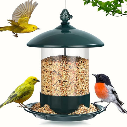 Metal Bird Feeders for Outdoors Hanging, Weather Resistant Wild Bird Feeder with 360 Degree Feeding Tray, Green