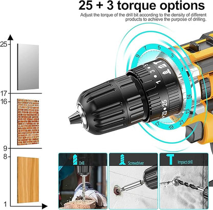 Cordless Drill Set, 21V Power Drill with 2 Battery and Charger,25+3 Torque Setting Electric Drill with 56 Acessories, Built-in 3/8'' Keyless Chuck, LED Light, Max 398 in/lb Electric Screwdriver