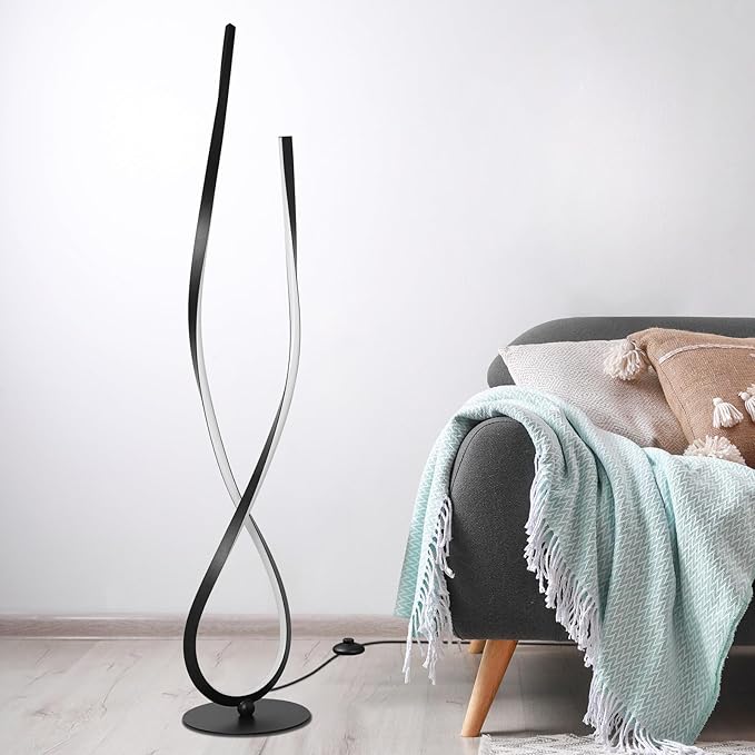 NUÜR Modern Spiral LED Floor Lamp, 59" Ultra-Bright Black Standing Lamp with Remote Control, Arched Floor Lamp for Living Room, Bedroom, Home, Office