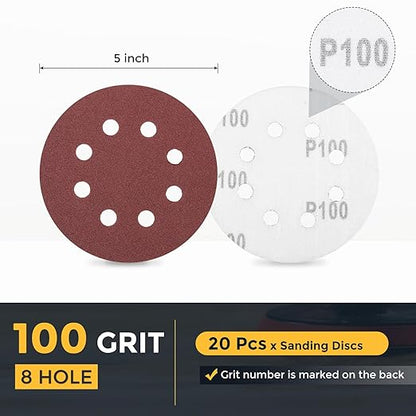 HARFINGTON 20 Pcs 5 Inch Sanding Discs, 100 Grit Hook and Loop Sandpaper, 8-Hole Aluminum Oxide Orbital Sander Sandpaper for Woodworking Automotive Metal Polishing, Red