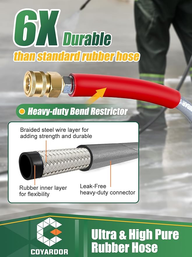3/8″ Pressure Washer Hose 50 FT — 4500 PSI Steel-Braided Non-Marking Rubber | For Hot & Cold Water, Quick-Connect With M22 Fittings, Industrial-Grade Replacement for Gas Pressure Washers