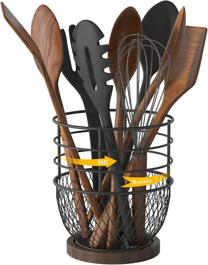 SODSAI 360° Rotating Utensil Holder with Premium Wooden Base, Large Iron Kitchen Organizer for Countertop, Farmhouse & Modern Style Kitchen Storage Basket