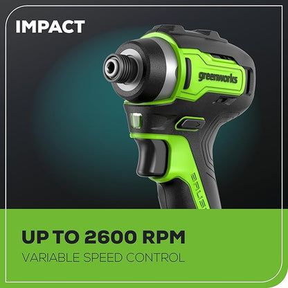 Greenworks 24V MAX Cordless Brushless Drill & Impact Driver Combo Kit, Electric Drill Set, High Torque, Lightweight, Professional Grade, Includes 2x 2.0Ah Batteries, Charger, and Storage Bag
