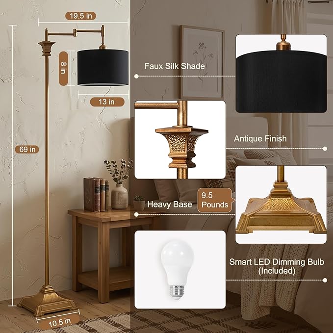 Scenekoy 68″ Tall Smart LED Floor Lamp for Living Room Bedroom, Antique Gold Finish, Remote Control, 350º Adjustable Swing Arm Standing Lamp with Black Shade, Decor for Reading House Home Office