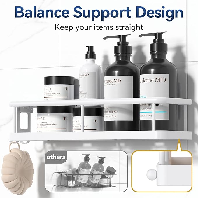 YASONIC Shower Caddy Adhesive, No Drill Bathroom Shower Organizers, with Removable Hooks, Rust Proof Shower Shelves, Wall-Mounted Shower Holder, White, 2 Pack