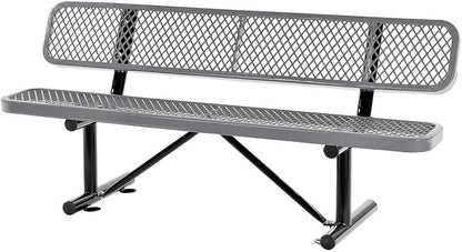 Global Industrial 6'L Heavy Duty Expanded Metal Mesh Bench with Backrest with Steel Frame, Portable Outdoor Bench, 1000 lbs Capacity, Gray, 72" L x 24" W x 33" H