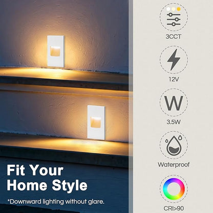 FTL Outdoor Step Lights LED Stair Lights Indoor, 3CCT 12V Low Voltage Light for Stairs 3000K/4000K/5000K Color Changing 3.5W 150LM, Aluminum Vertical Deck Stair Light White, 6-Pack