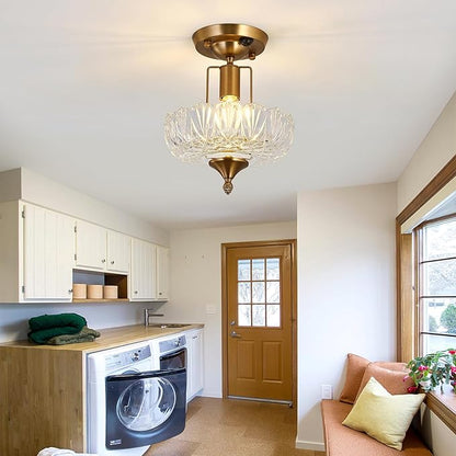 UOFUS Motion Sensor Semi Flush Mount Ceiling Light Gold Hallway Light Fixture with Clear Glass Indoor Small Chandelier for Hallway Entryway Porch Foyer Corridor